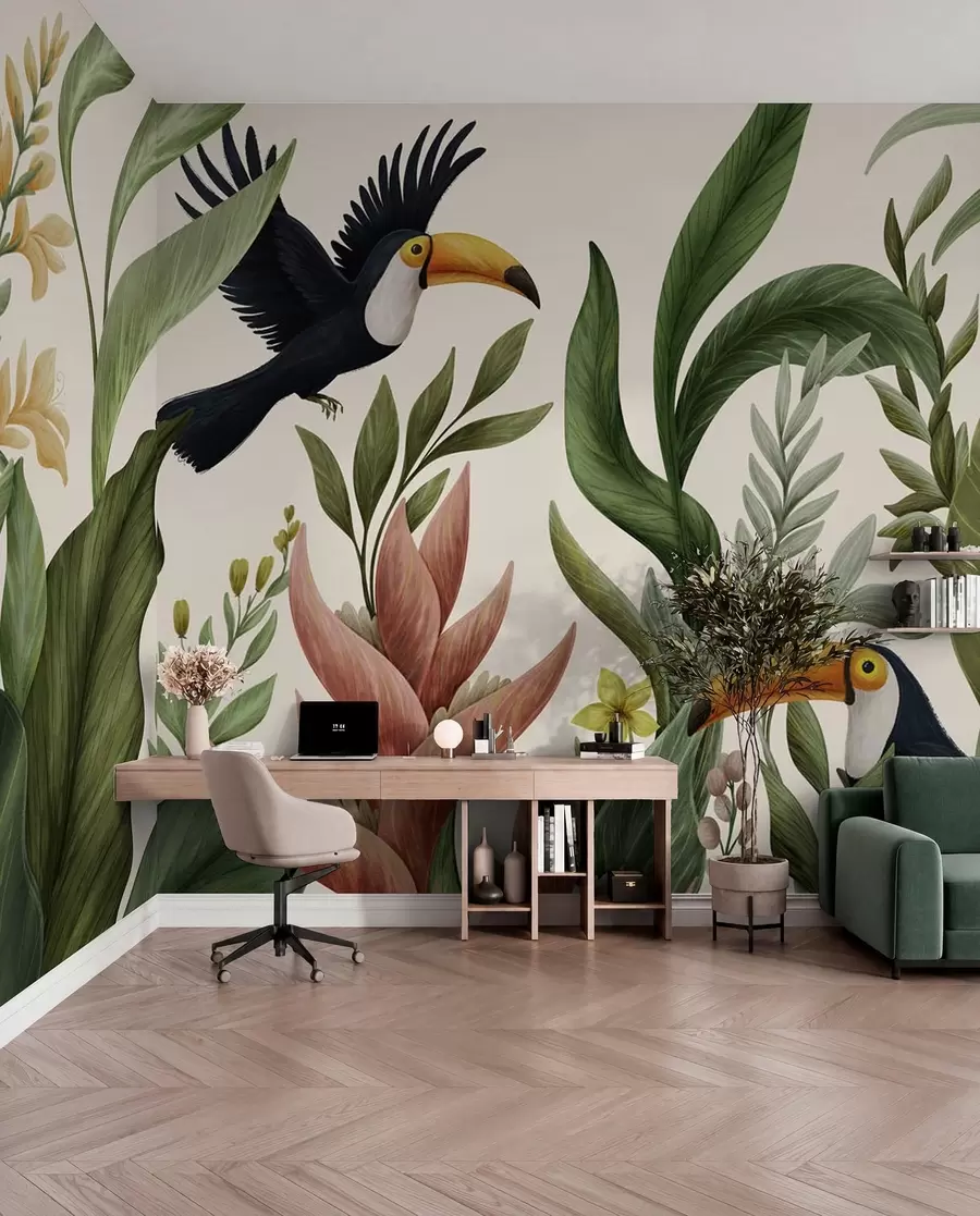 Murale Plantes tropicales et oiseaux à long bec sur fond clair w05088v1