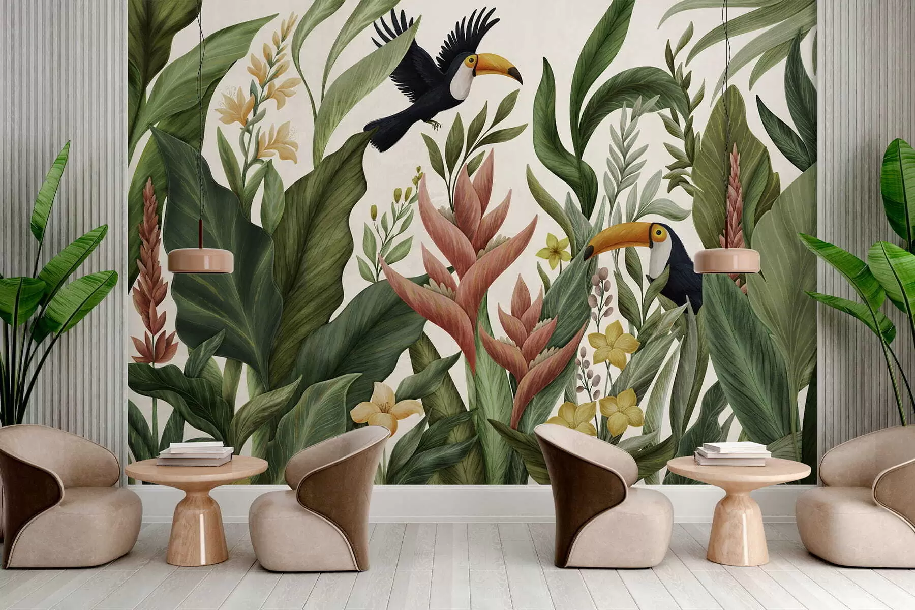 Murale Plantes tropicales et oiseaux à long bec sur fond clair w05088v1