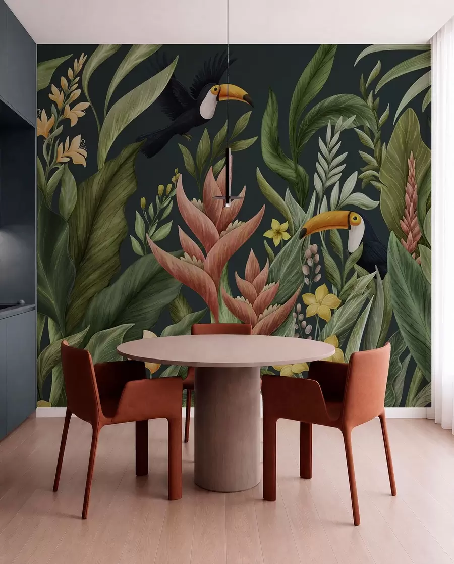 fototapeter Tropiske planter og fugle med store næb på mørk baggrund w05088v2