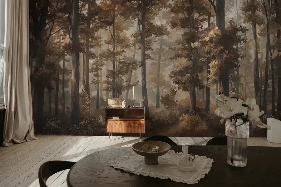 Fototapete Herbstliche Waldszene mit warmem Licht und dichten Bäumen w05089v1