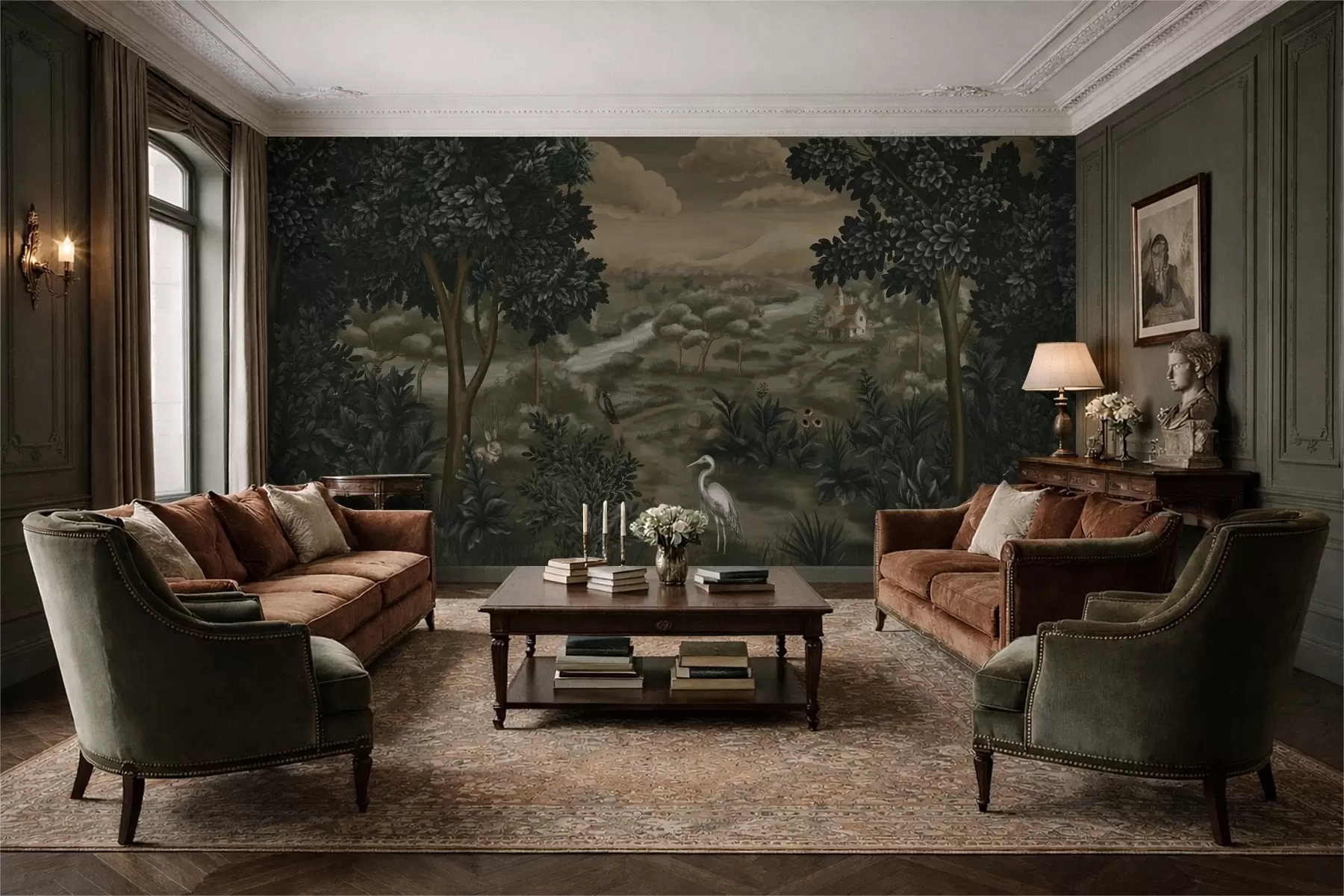 fototapeter Fantasi-landskab med flod, hus og fugle blandt træer w05090