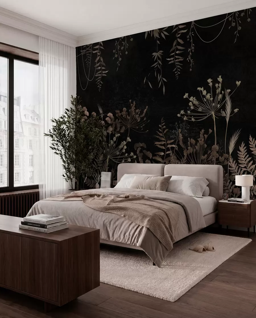 Murale Motif botanique sombre avec des fleurs et des feuilles w05092