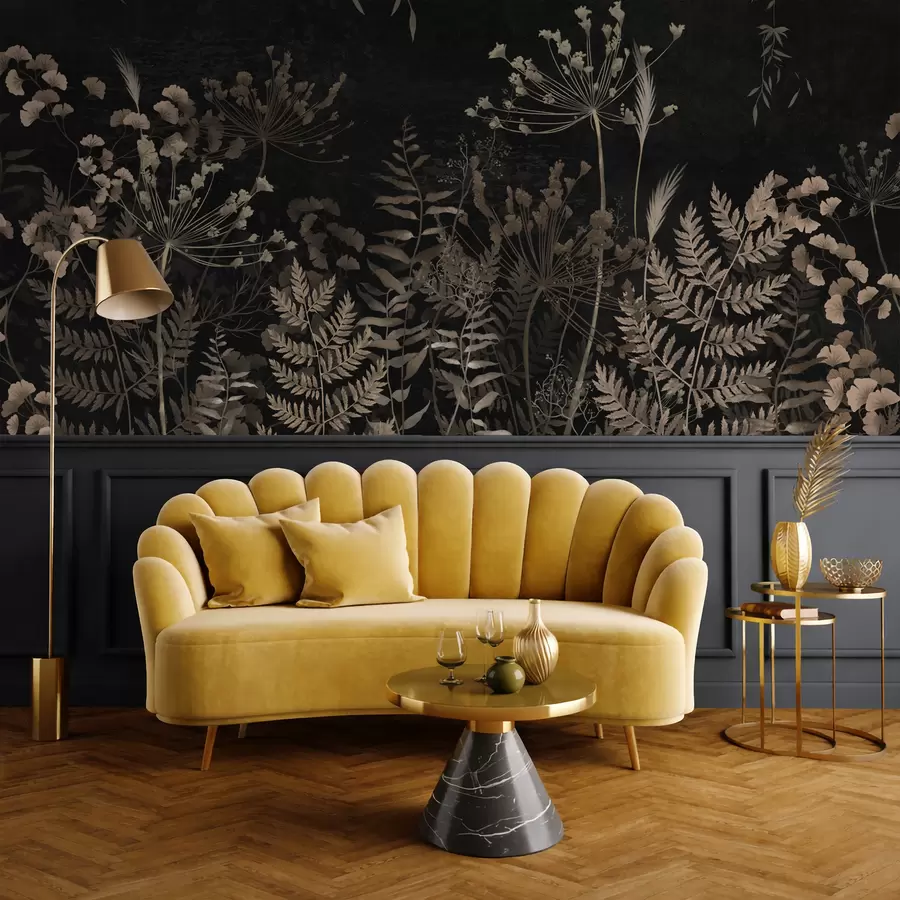 Fototapete Dunkles botanisches Muster mit Blumen und Blättern w05092