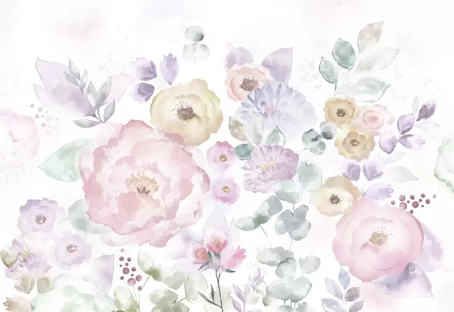 fototapeter Blød akvarelkomposition med blomster og blade w05093