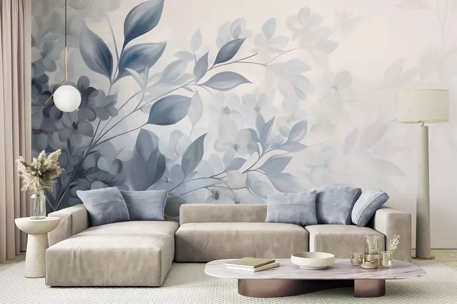 fototapeter Tekstureret blå og hvid gren med blomster og blade, der toner ud i en lys baggrund i akvarelmaleri-stil w09543