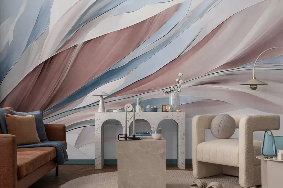 fototapeter Abstrakte flydende bølger i blå og brun, med tynde former og linjer, på en hvid baggrund, tekstureret kunst w09585v1