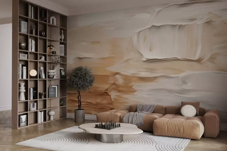 Fototapete Abstrakte, strukturierte Pinselstriche in warmen Erdtönen wie Beige, Creme und Braun, moderne Kunst w09588