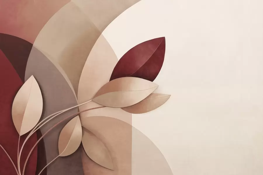 Murale Branche abstraite texturée avec des feuilles dans les tons marron, beige et rouge, sur un fond de formes abstraites. w09618