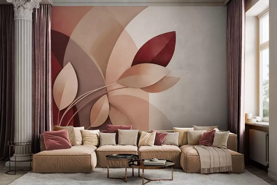 Murale Branche abstraite texturée avec des feuilles dans les tons marron, beige et rouge, sur un fond de formes abstraites. w09618