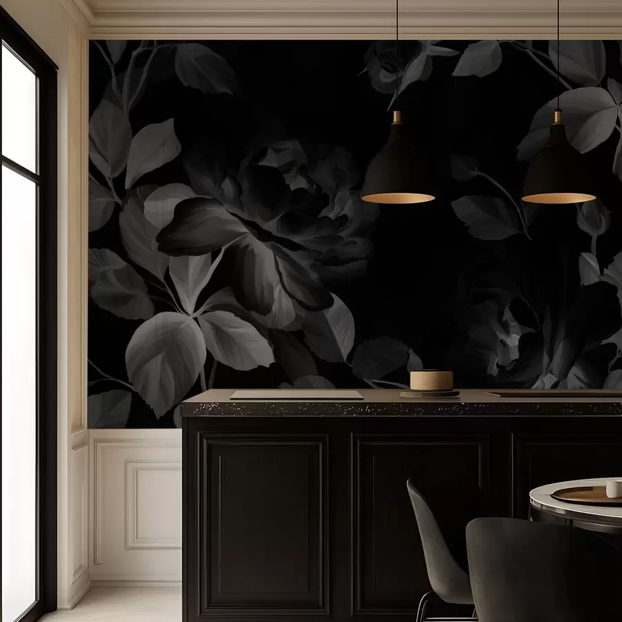 fototapeter sort-hvide maleriske roser i stil med oliemaleri  w04873v1