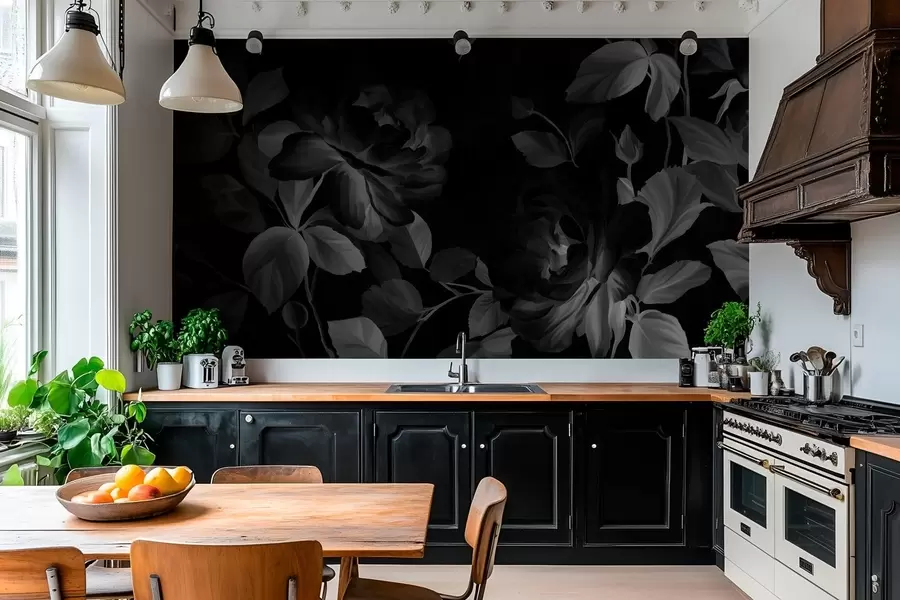 Fototapete Schwarz-weiße malerische Rosen im Stil eines Ölgemäldes w04873v1