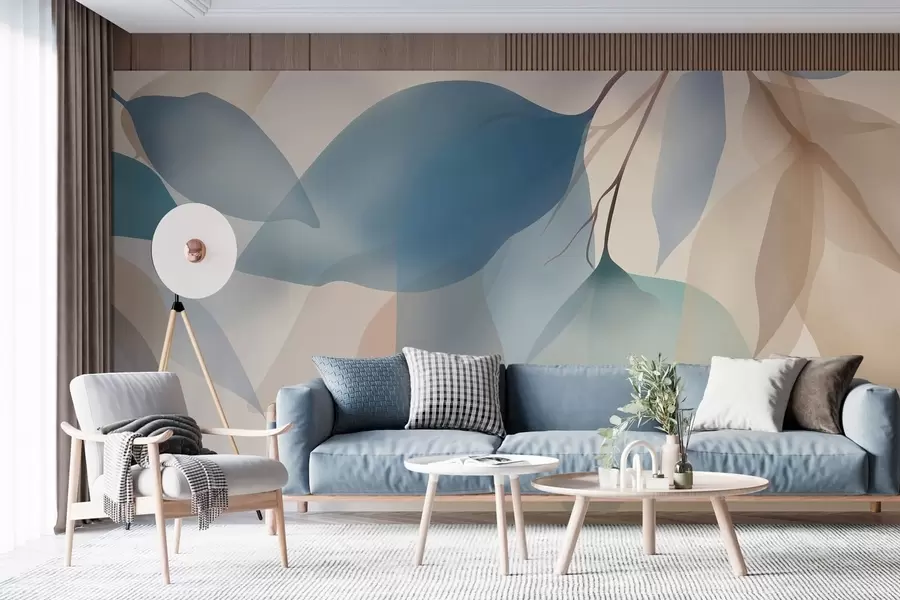 fototapeter elegante, halvgennemsigtige blade i nuancer af blå og beige w05060