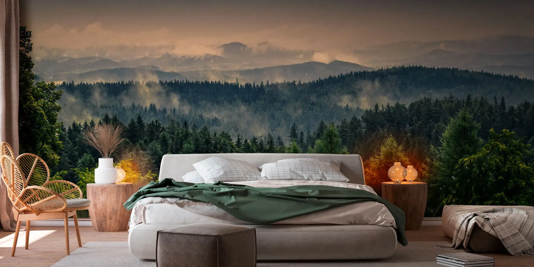 Murale Beau coucher de soleil printanier dans une forêt brumeuse u72174