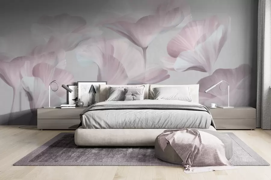 Fototapete Zartrosa strukturierte, durchscheinende Lotusblüten mit zarten Blütenblättern vor einem gedämpften grauen Hintergrund w09640v1