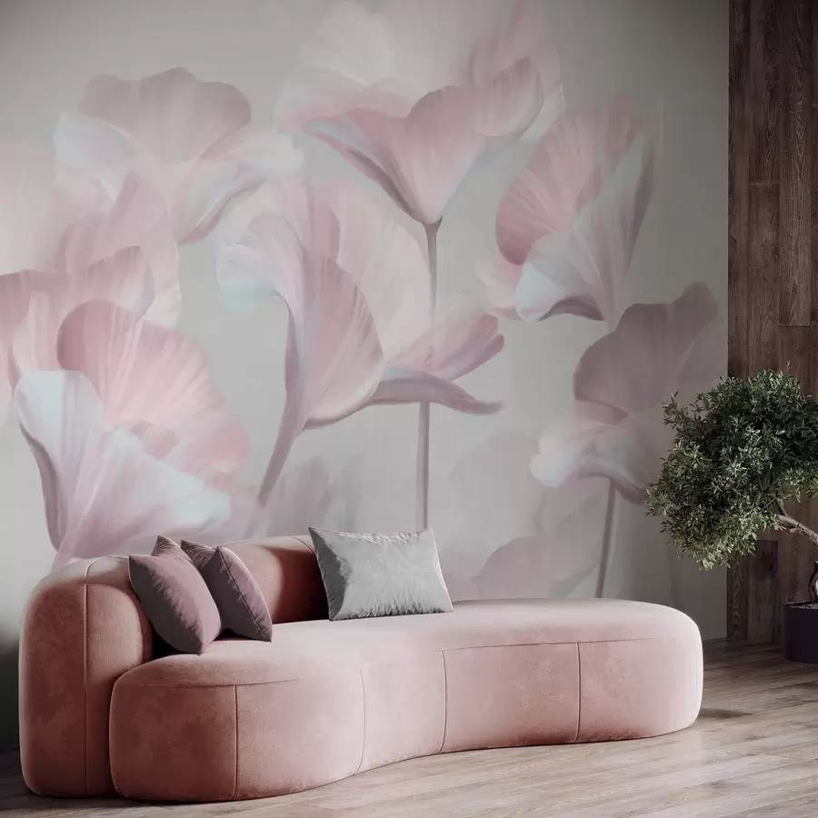 fototapeter Blegrosa, gennemsigtige lotusblomster med tekstur og delikate kronblade på en dæmpet grå baggrund w09640v1