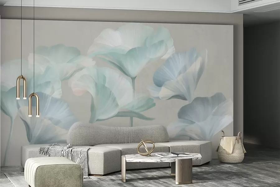 fototapeter Bleg turkis teksturerede gennemskinnelige lotusblomster med delikate kronblade på en dæmpet grå baggrund w09640v2