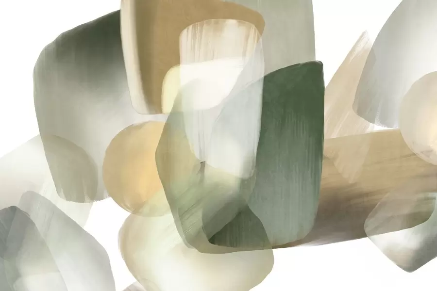 fototapeter Abstrakte former i dæmpede grønne og beige farver med bløde kanter og overlappende lag w09642