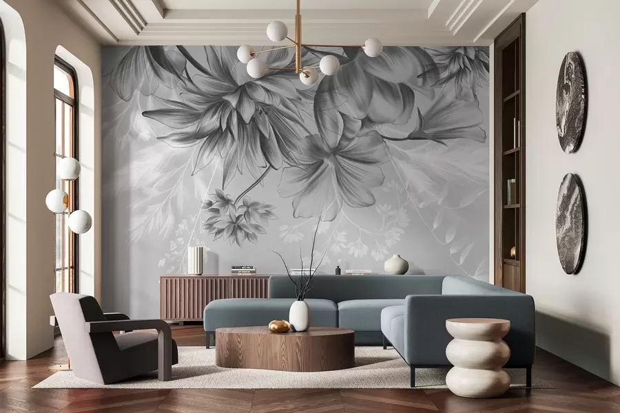 Fototapete Strukturierte Blumen und Farne in Dunkelgrau- und Weißtönen vor einem gedeckten grauen Hintergrund im Zeichenstil w09644v1
