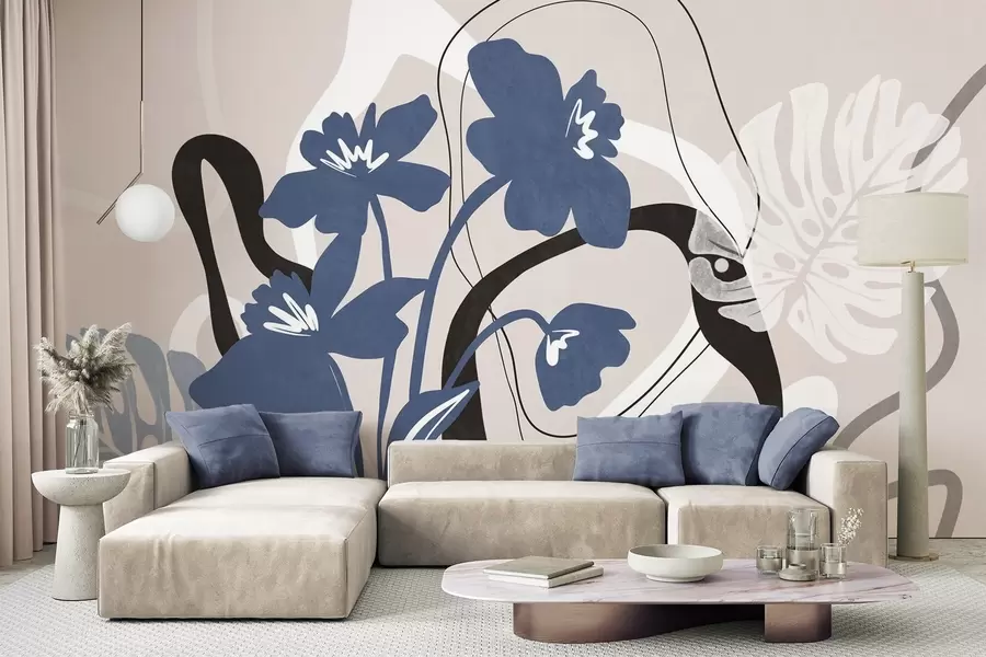 Murale Fleurs bleues abstraites texturées avec des formes blanches et noires sur fond beige clair, art minimaliste w09645