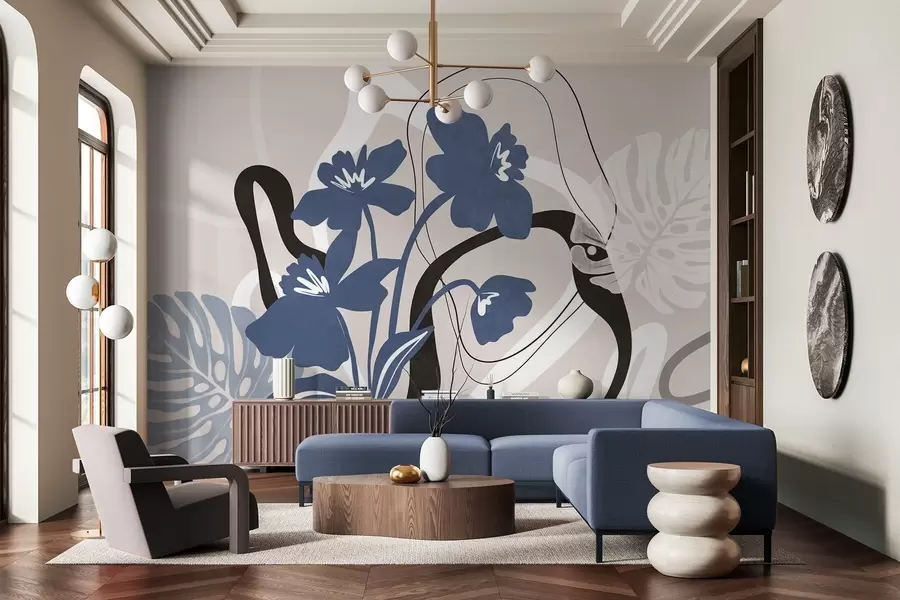 fototapeter Abstrakte teksturerede blå blomster med hvide og sorte former på en lys beige baggrund, minimalistisk kunst w09645