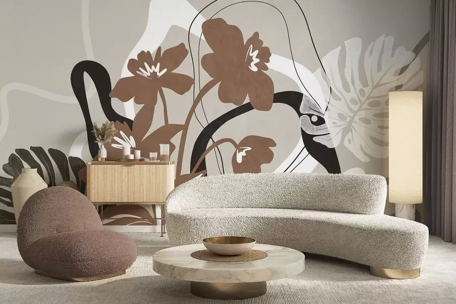 fototapeter Abstrakte brune blomster med hvid og sort tekstur på beige baggrund, minimalistisk kunst w09645v1