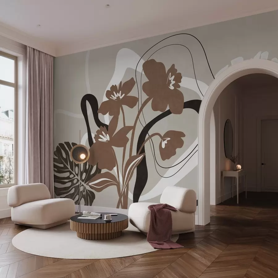 Fototapete Abstrakte, strukturierte braune Blumen mit weißen und schwarzen Formen vor beigem Hintergrund, minimalistische Kunst w09645v1