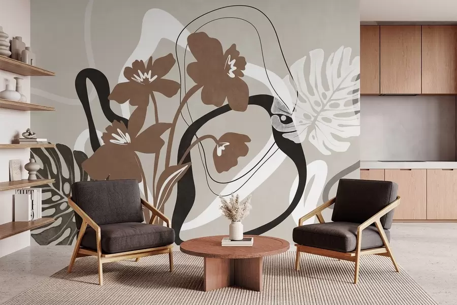 Fototapete Abstrakte, strukturierte braune Blumen mit weißen und schwarzen Formen vor beigem Hintergrund, minimalistische Kunst w09645v1