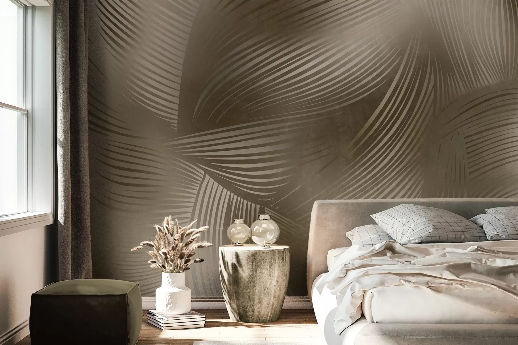 fototapeter Abstrakt print med flydende, buede linjer i mørkebrune nuancer, der skaber en struktureret, moderne kunst w09646