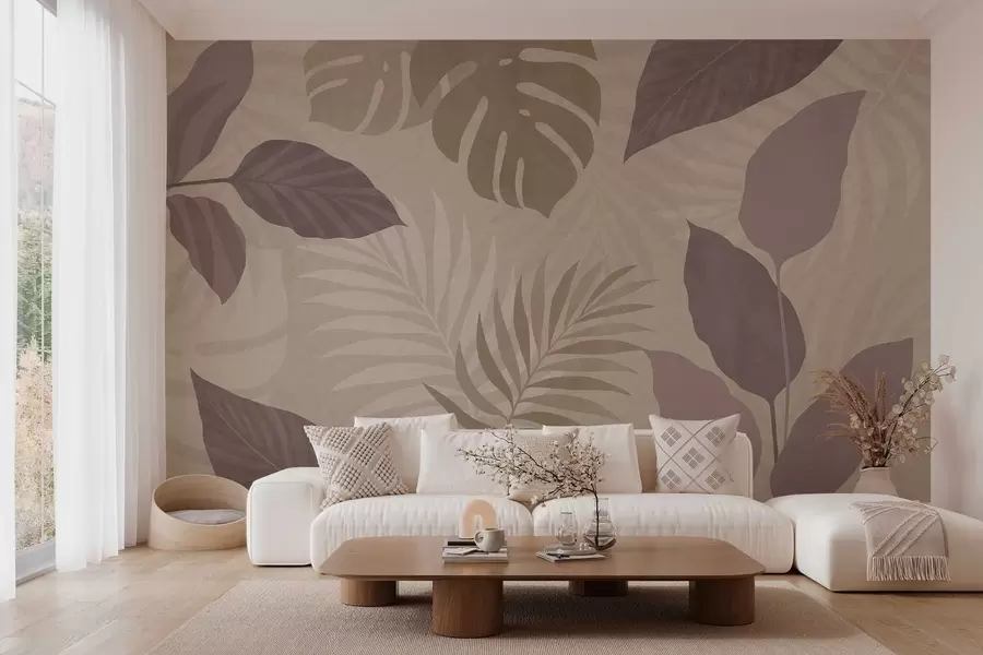 Fototapete strukturierte tropische Blätter auf sandigem Hintergrund w05063