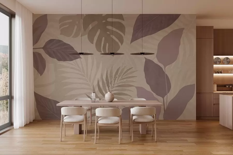 fototapeter strukturerede tropiske blade på en sandfarvet baggrund w05063