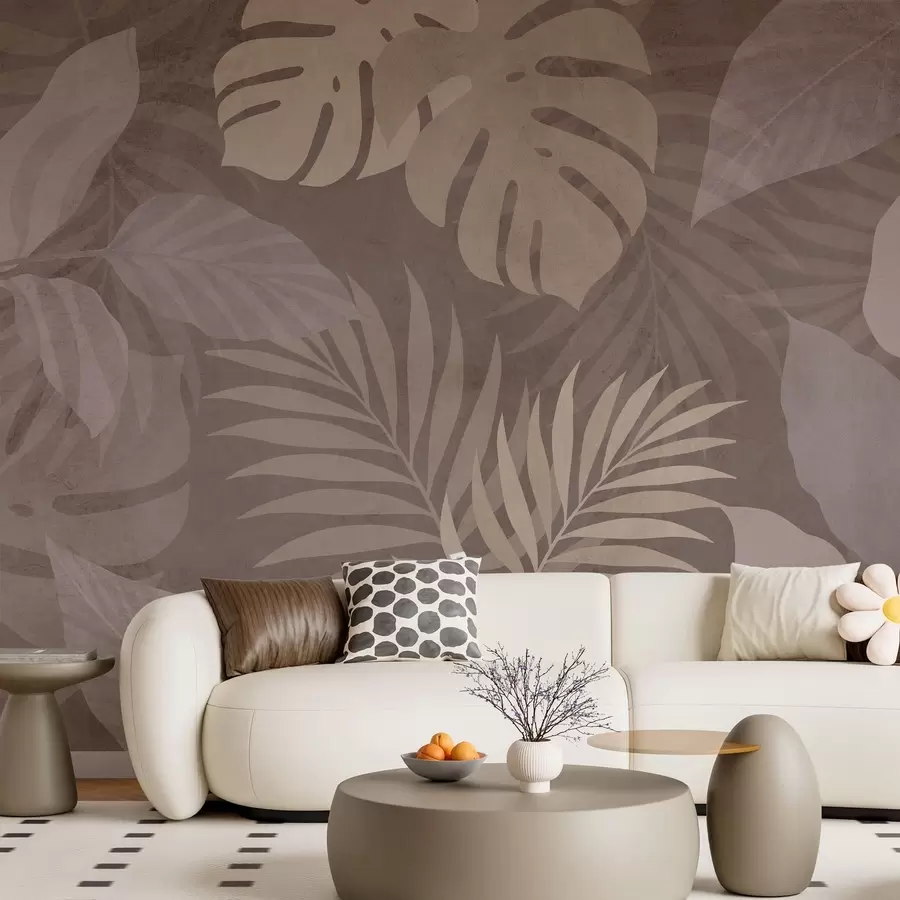 Fototapete strukturierte tropische Blätter auf schokoladenbraunem Hintergrund w05063v2