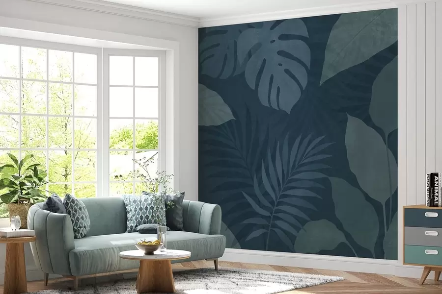 Murale feuilles tropicales texturées sur fond bleu foncé w05063v3