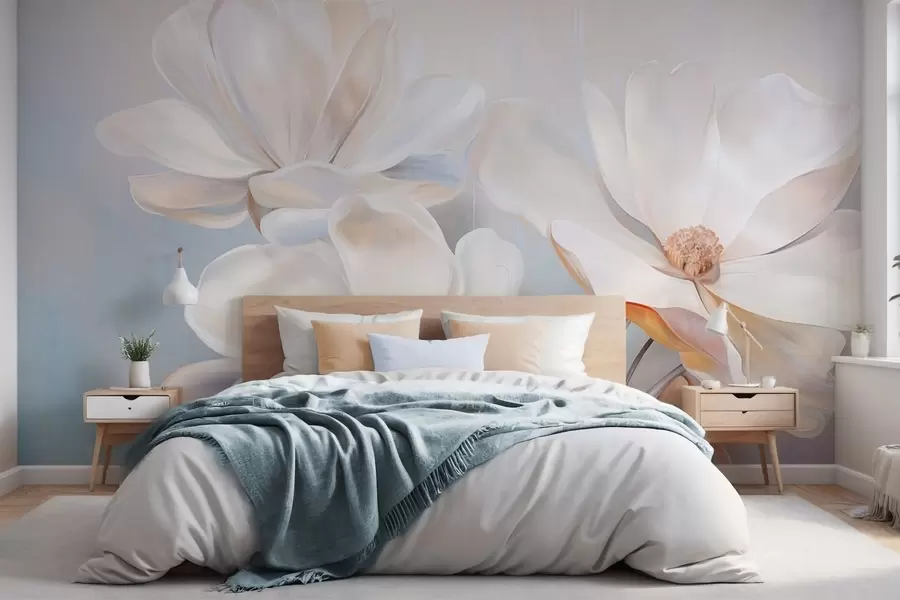 Fototapete Weiße Fantasie-Magnolienblüten mit zart strukturierten Blütenblättern, ein weicher, abstrakter Hintergrund w09373