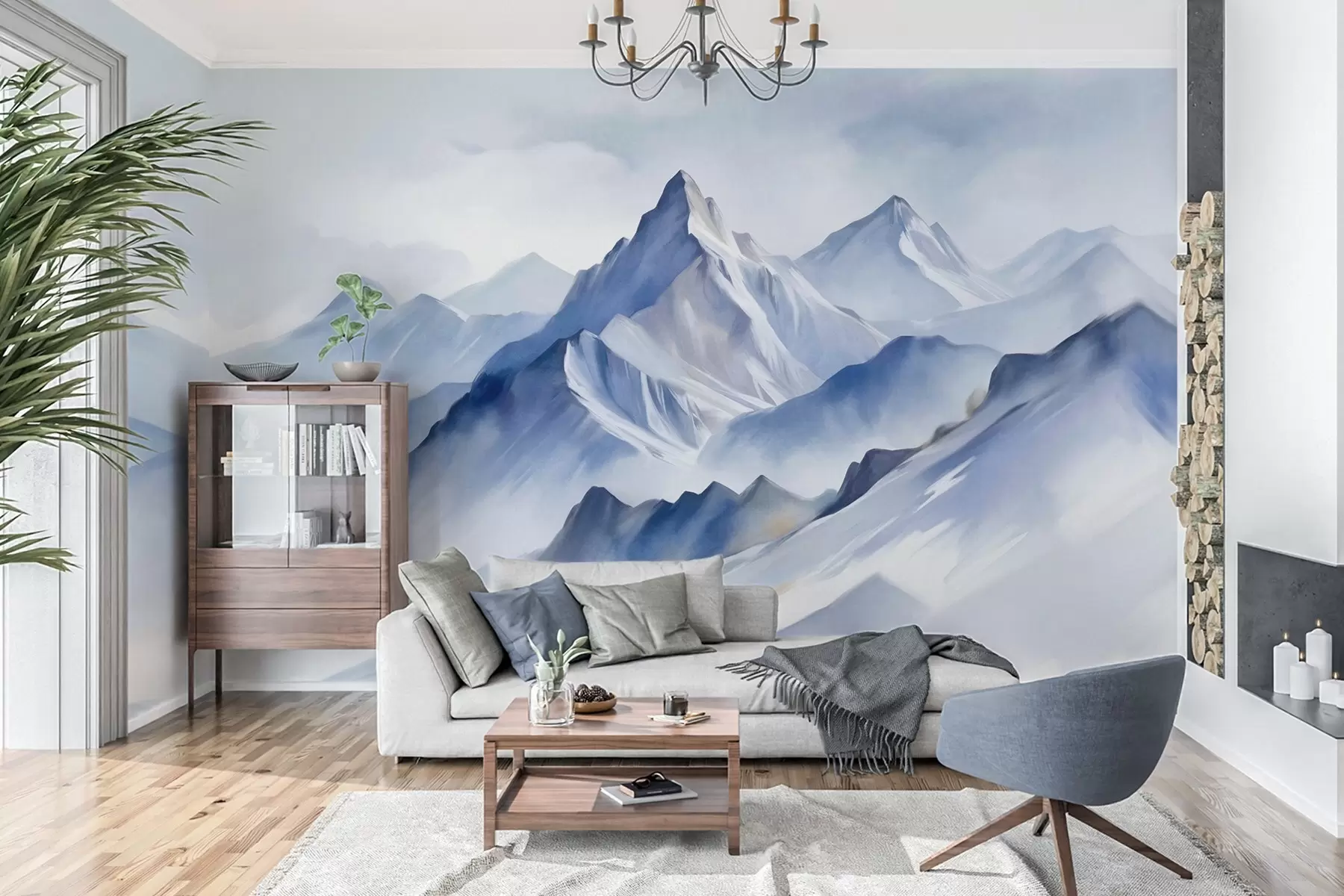 Fototapete Strukturierte schneebedeckte Berge mit einem sanften Aquarelleffekt und einer Farbpalette aus Blau- und Weißtönen w09630