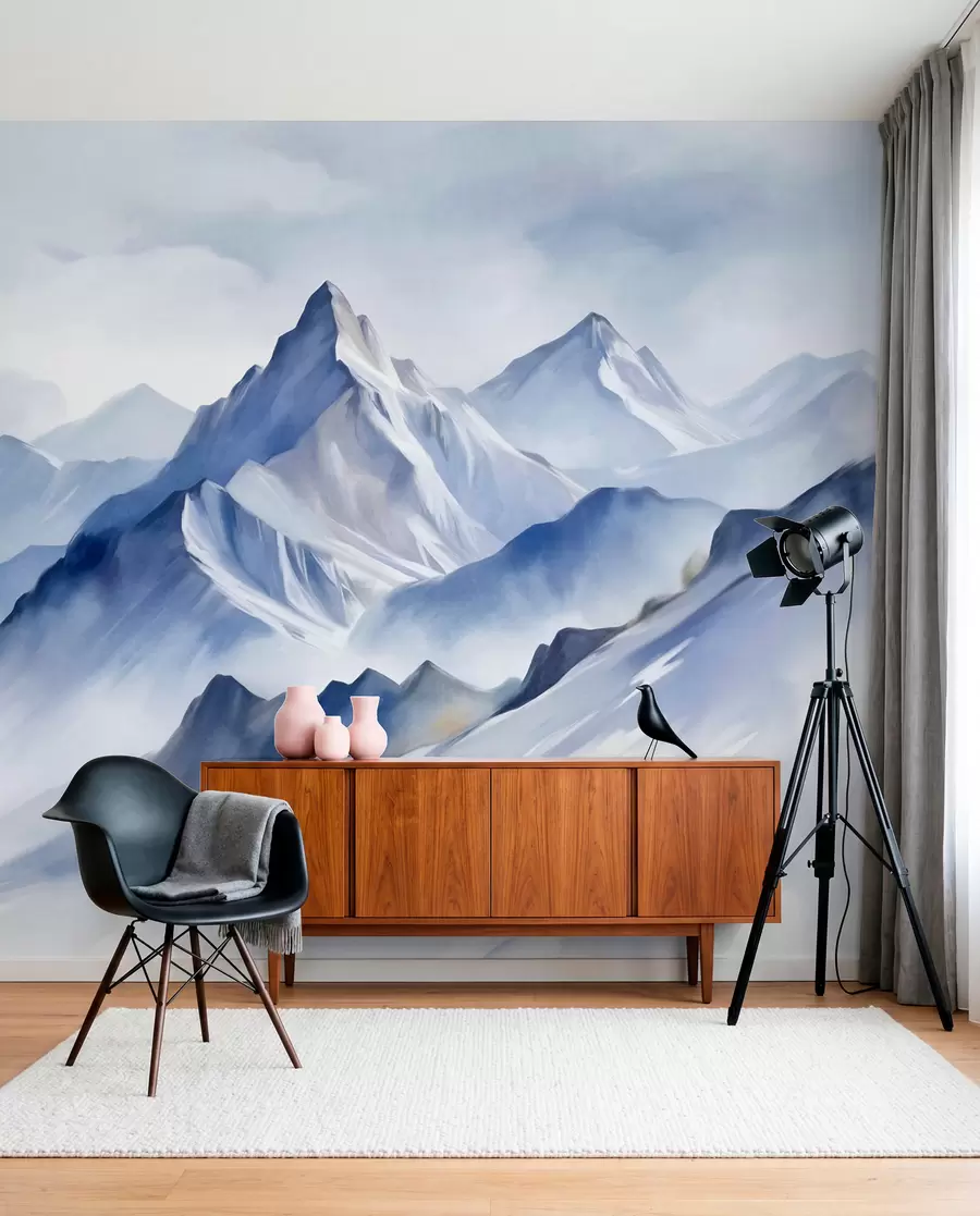 Murale Montagnes enneigées texturées avec un effet aquarelle doux et une palette de bleus et de blancs w09630