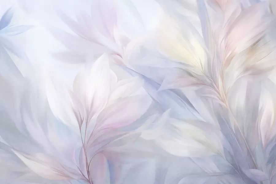 fototapeter Bløde, pastelfarvede blade og fjer i nuancer af lyserødt, blåt og gult, abstrakt og struktureret print w09634