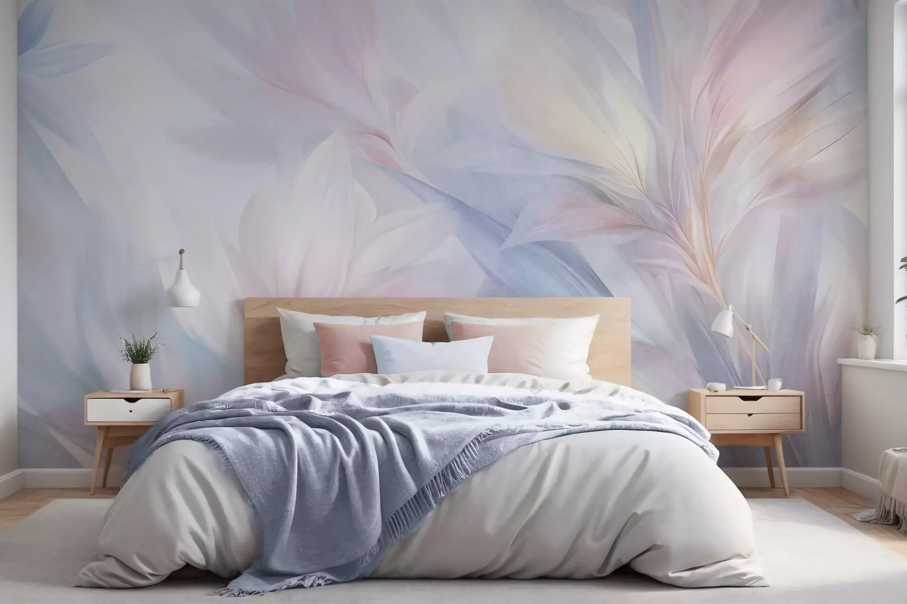 Murale Feuilles et plumes douces aux couleurs pastel dans les tons rose, bleu et jaune, imprimé abstrait et texturé w09634