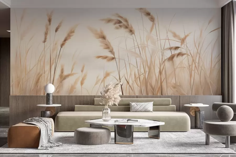 fototapeter Højt, struktureret tørt græs med hvedekorn i marken mod en blød, lys baggrund w09648