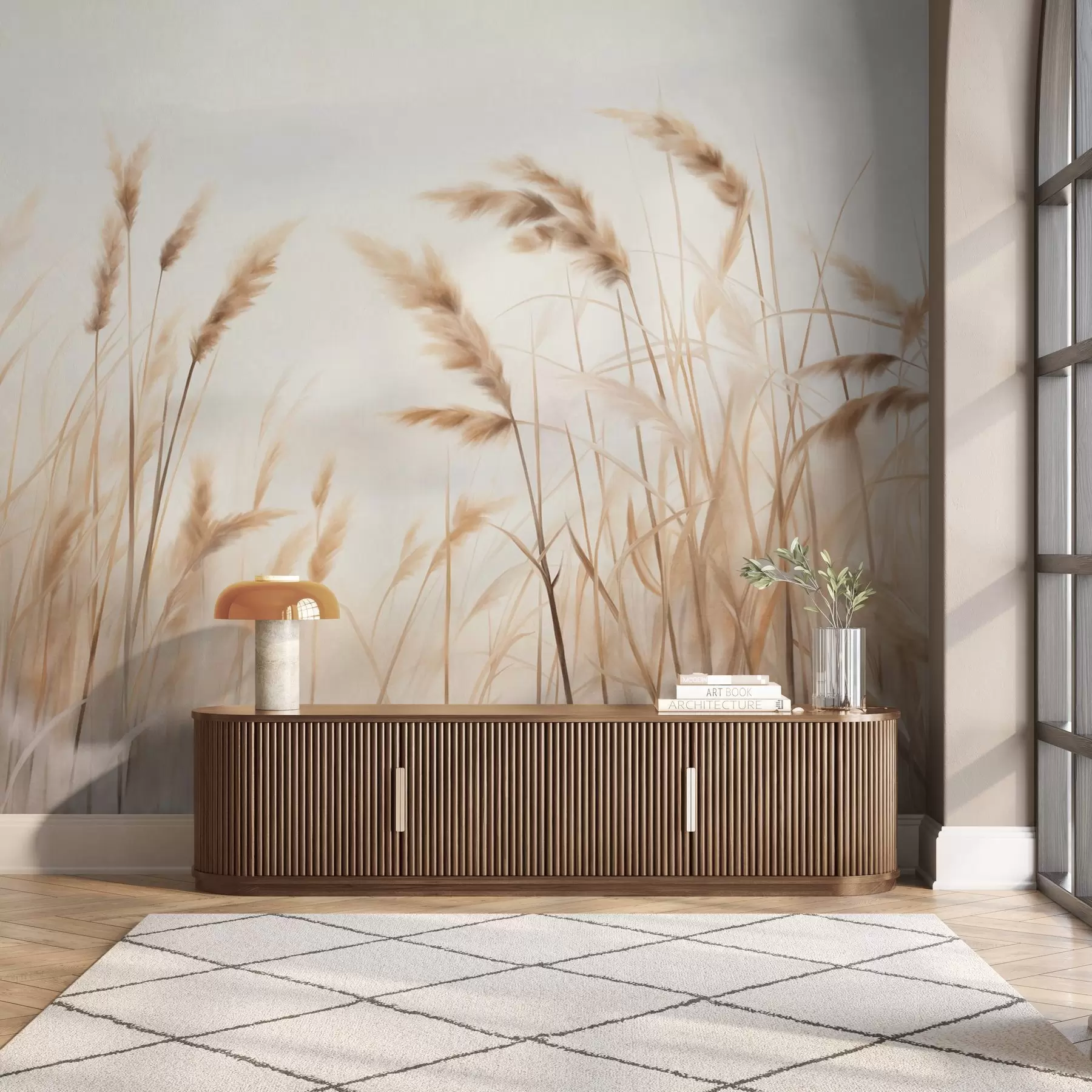 Fototapete Hohes, strukturiertes trockenes Gras mit Weizenähren auf einem Feld vor einem weichen, blassen Hintergrund w09648