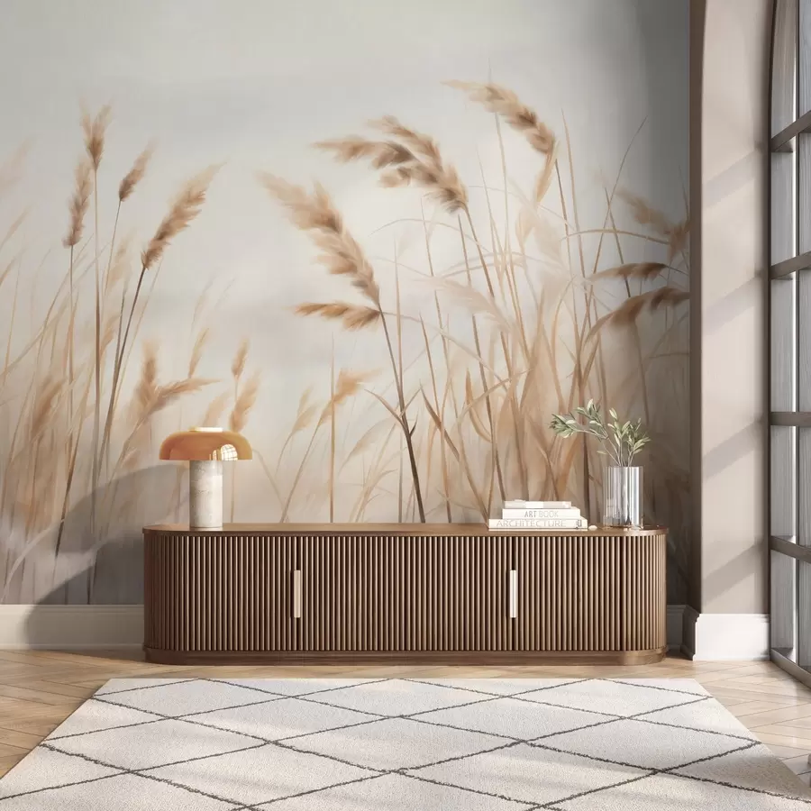 fototapeter Højt, struktureret tørt græs med hvedekorn i marken mod en blød, lys baggrund w09648