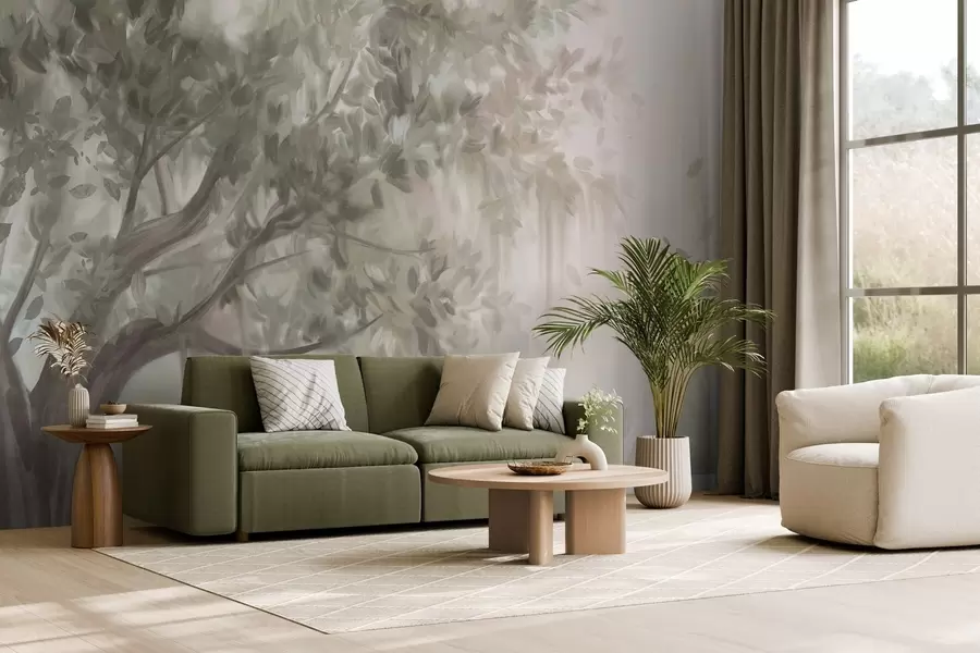 fototapeter Tekstureret træ med lysegrønne blade og grene, med en blød, tåget baggrund w09650