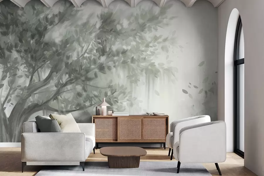 fototapeter Tekstureret træ med grønne blade og grene, med en blød, tåget baggrund w09650v1