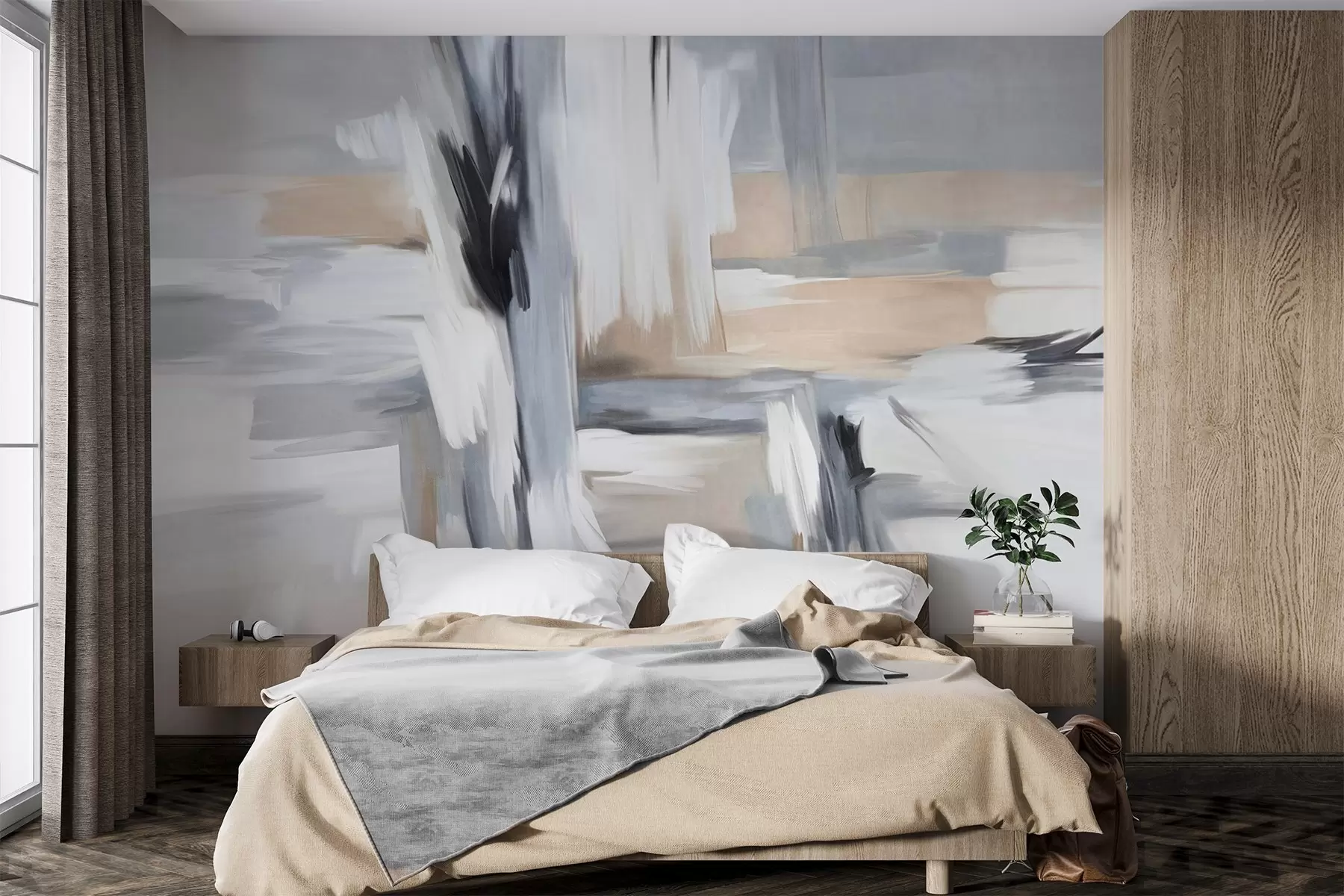 Murale Peinture abstraite texturée avec des coups de pinceau dans des tons de blanc, gris et beige w09651