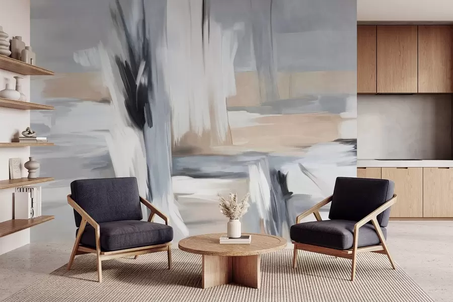 fototapeter Abstrakt tekstureret malestil med penselstrøg i nuancer af hvid, grå og beige w09651