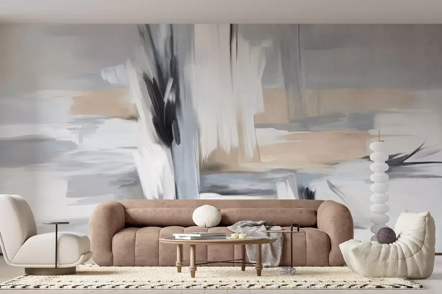 fototapeter Abstrakt tekstureret malestil med penselstrøg i nuancer af hvid, grå og beige w09651