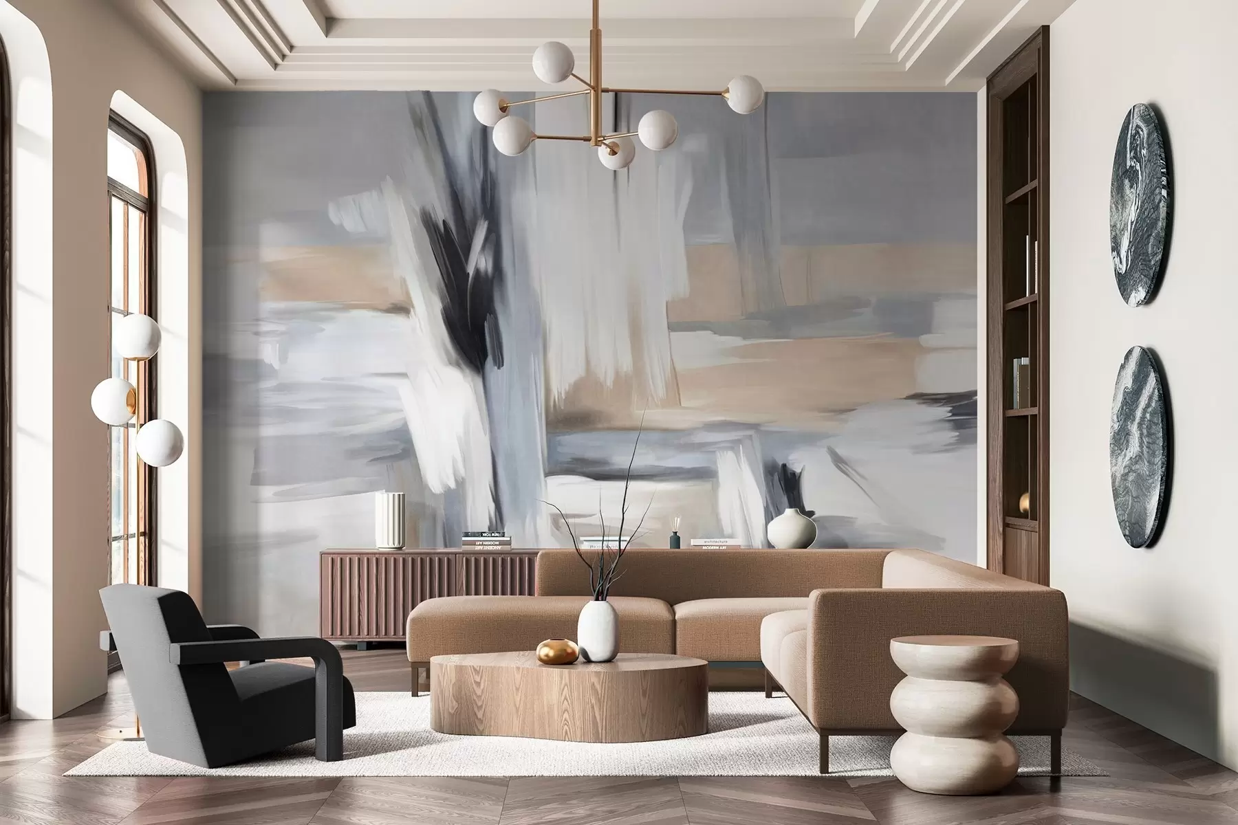 fototapeter Abstrakt tekstureret malestil med penselstrøg i nuancer af hvid, grå og beige w09651