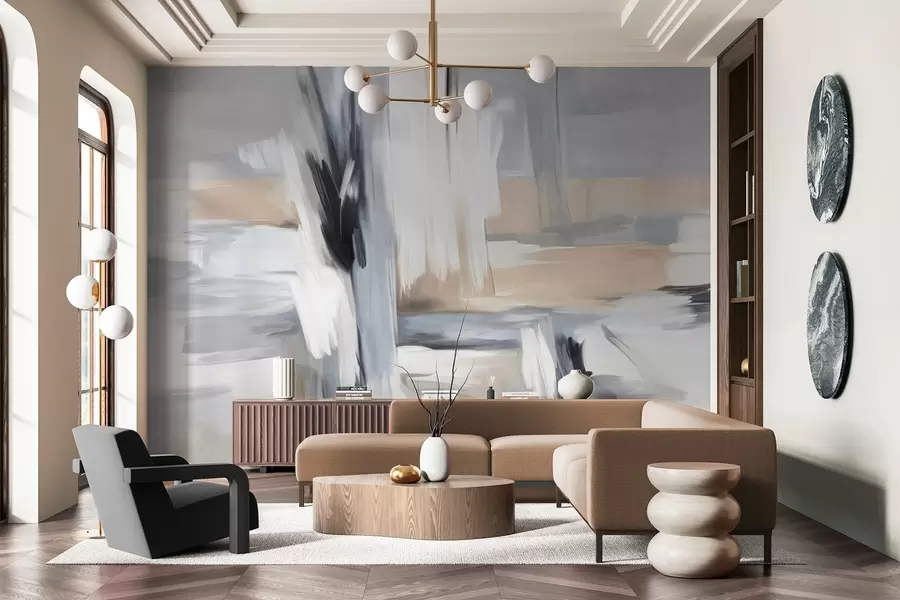 fototapeter Abstrakt tekstureret malestil med penselstrøg i nuancer af hvid, grå og beige w09651