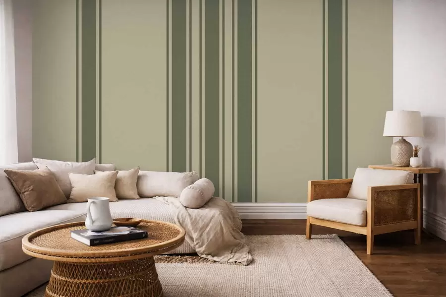 Fototapete Vertikale Streifen in gedeckten Grün- und Beigetönen w05098