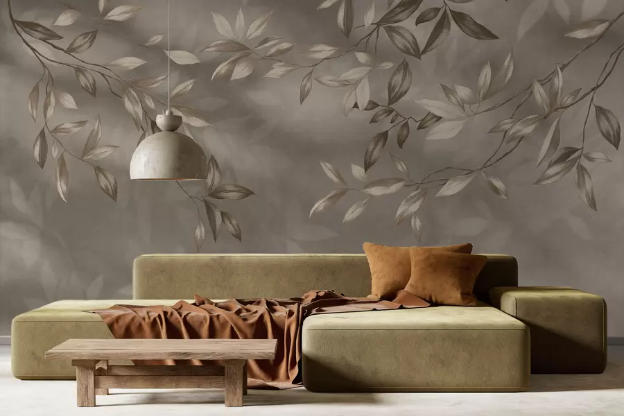 Fototapete Zarte, blättrige Zweige in Beigetönen auf hellem Hintergrund w05113v2