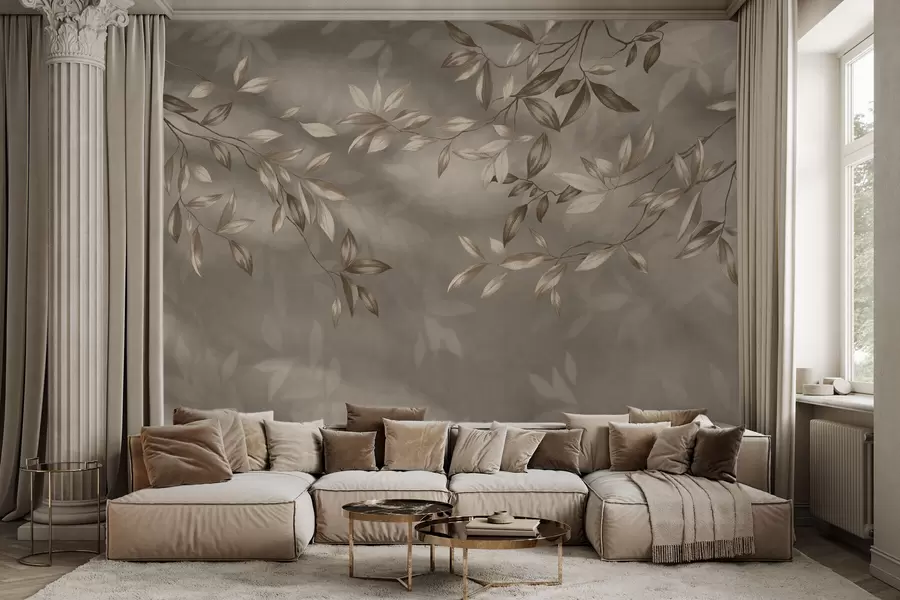 Fototapete Zarte, blättrige Zweige in Beigetönen auf hellem Hintergrund w05113v2